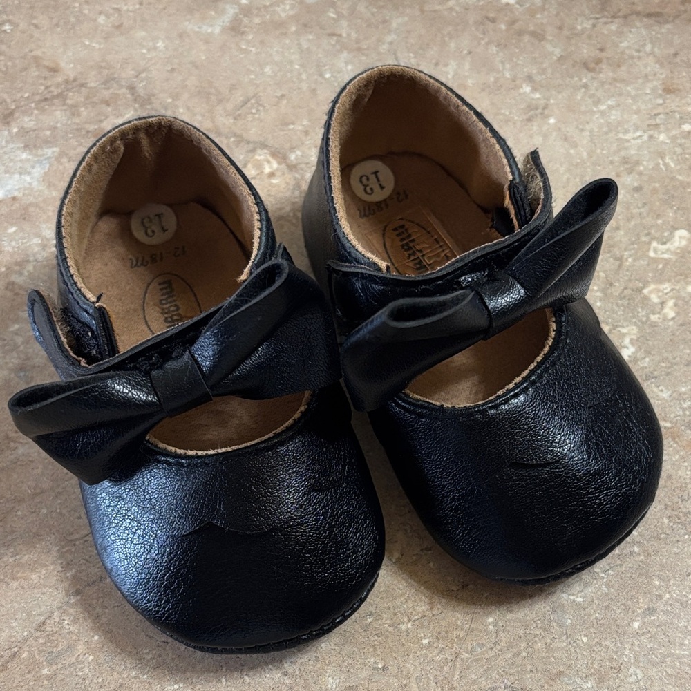 Myggpp Classic Black Infant Crib Shoes with Bow Size 12-18M